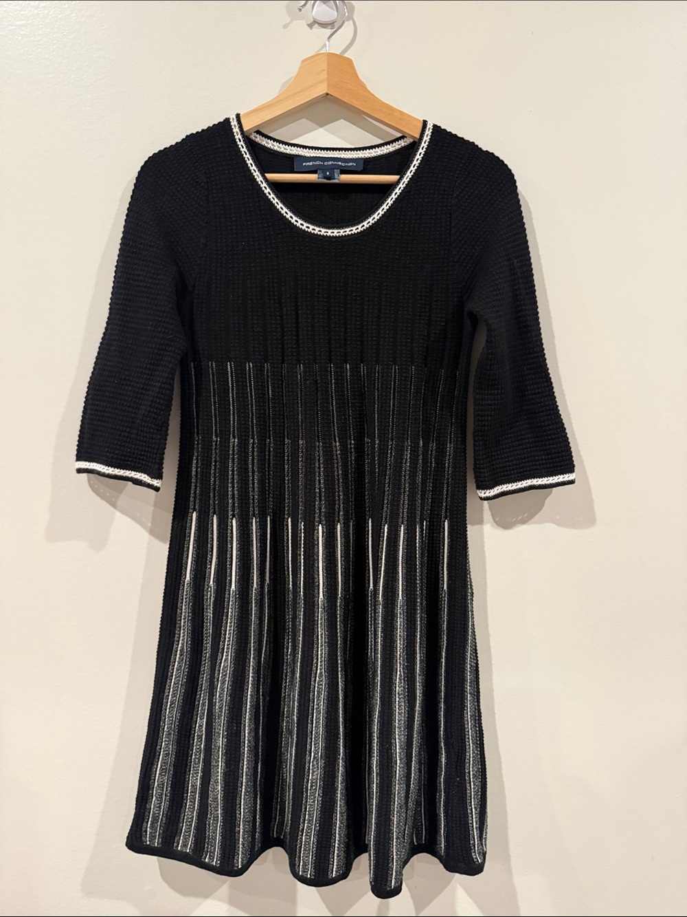French Connection Black & White Knit Dress with White Trim, 6